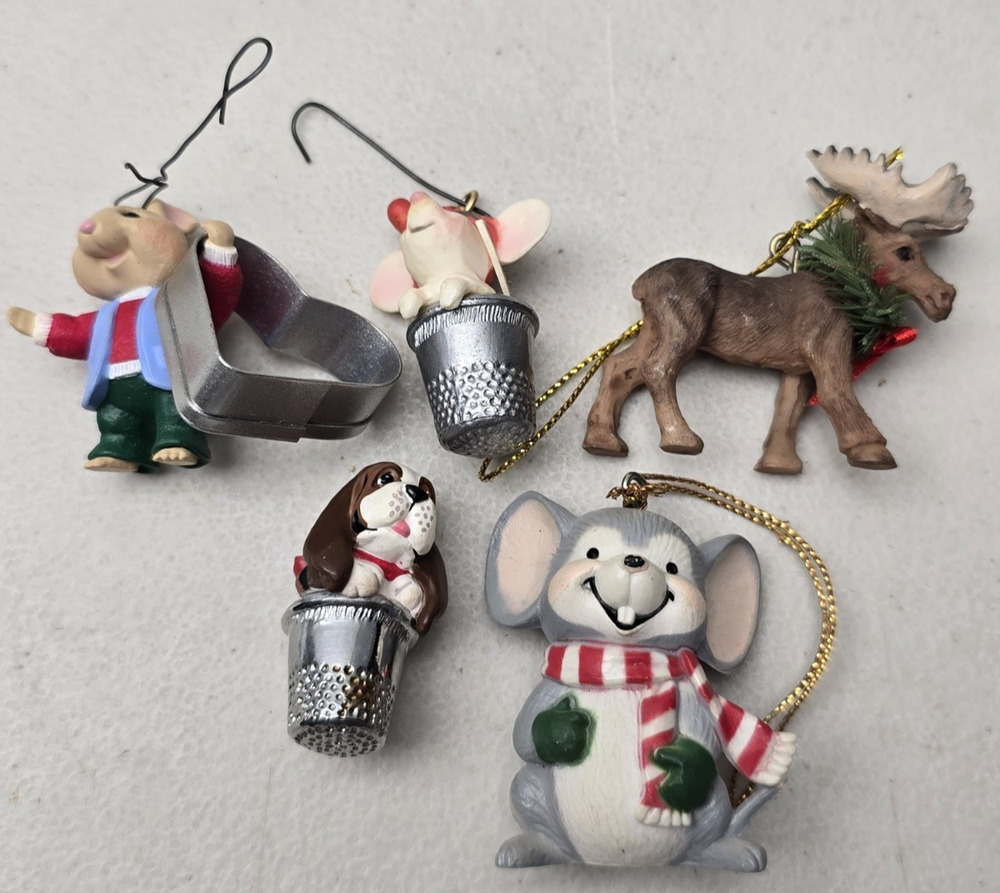 Vintage Halmark Miniature Christmas Lot 5pc Mouse, Thimble, Moose